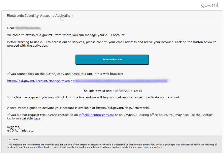 Activation email instructing the user how to activate their eID account