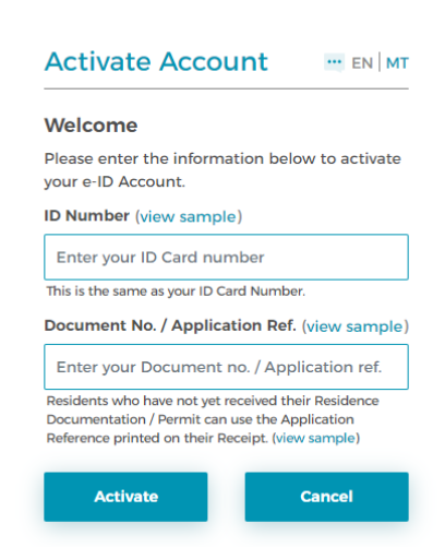 Activate account prompt, asking the user to enter their ID number and Document number