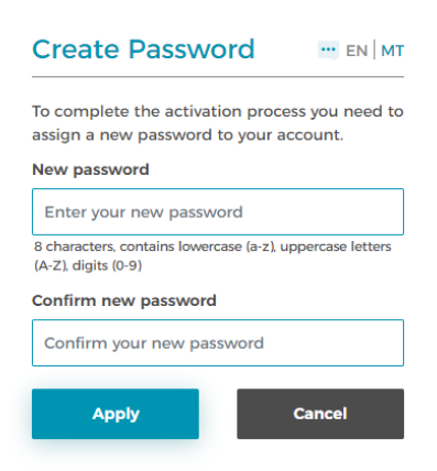 Create password promt, asking the user to create and confirm a new password