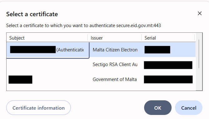 Windows Security dialog prompting the user to select a certificate